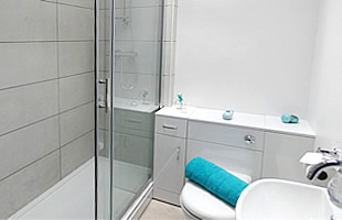 Bathroom with shower, washbasin and wc