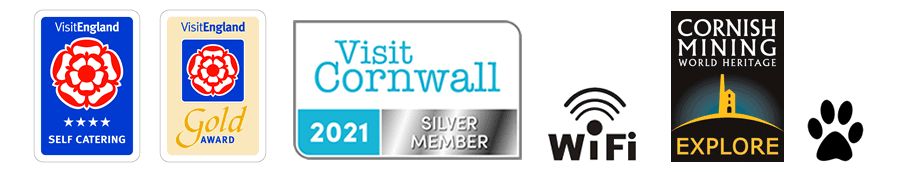 Visit Cornwall Member 2021, Visit England 4 Star Self Catering, Visit England Gold Award, Wifi available, Cornish Mining World Heritage