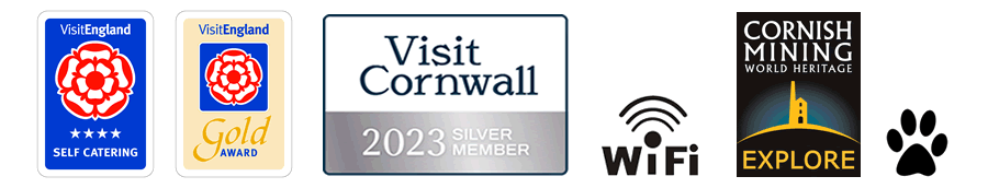 Visit Cornwall Member 2023, Visit England 4 Star Self Catering, Visit England Gold Award, Wifi available, Cornish Mining World Heritage
