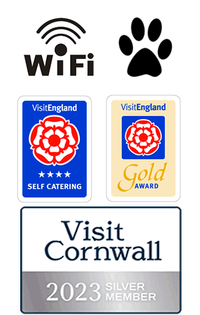 Visit Britain 4 star Self Catering and Gold Award, Visit Cornwall Member 2023, Free Wifi